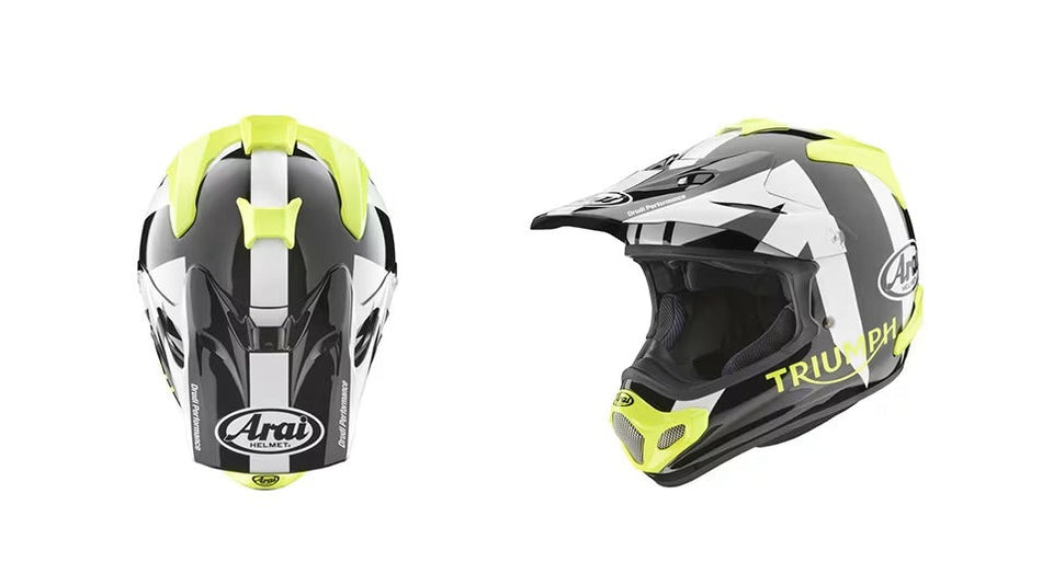 Náhradní kšilt k helmě Triumph x Arai MX-V EVO, černá/fluo — na fotografii je celá helma, prodává se pouze kšilt